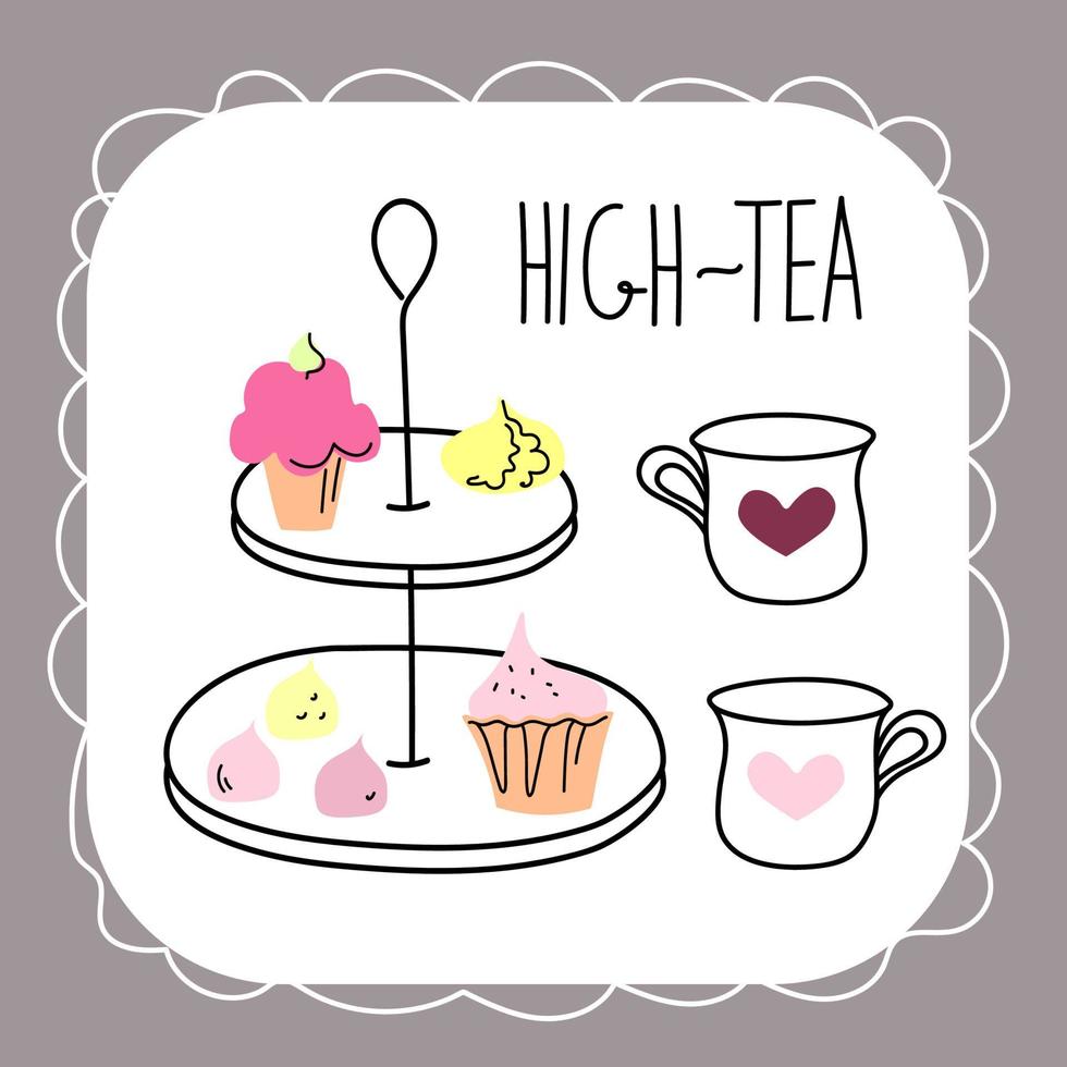 Afternoon tea set with cakes, doodle sketch hand drawn vector design