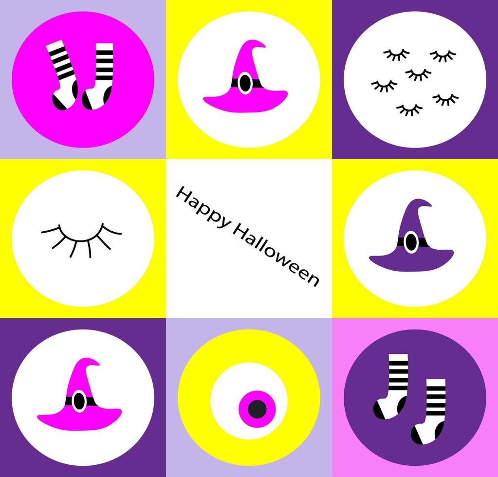 Vector Cute Halloween Set, poster, card wiih Witch ha and shoes, flat cartoon vector illustration