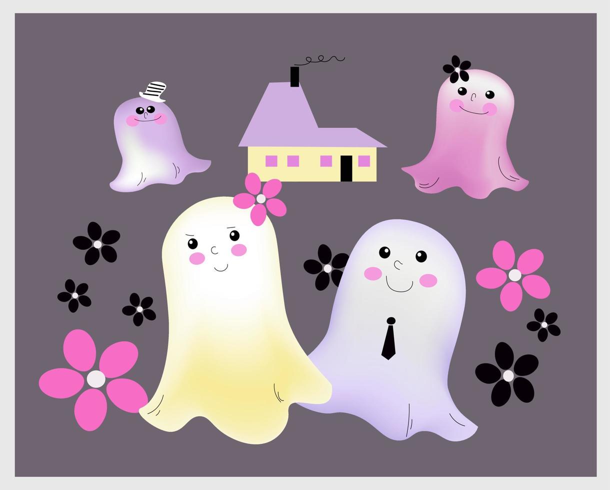 Set of kawaii cute funny happy ghosts, vector