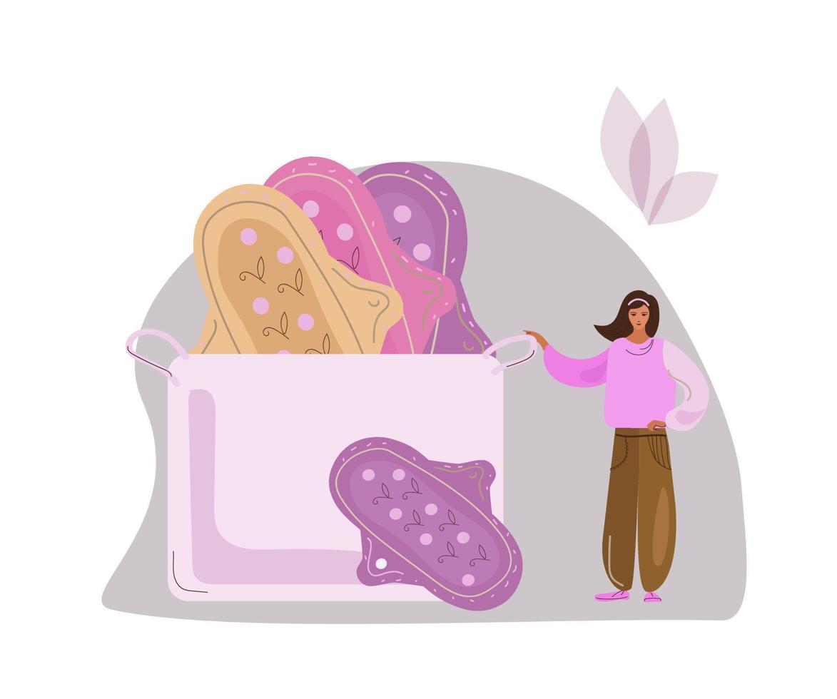 higiene femenina. la almohadilla de tela menstrual es un artículo de higiene para la protección de la mujer durante el ciclo menstrual, cero desperdicio, ilustración vectorial de dibujos animados vector