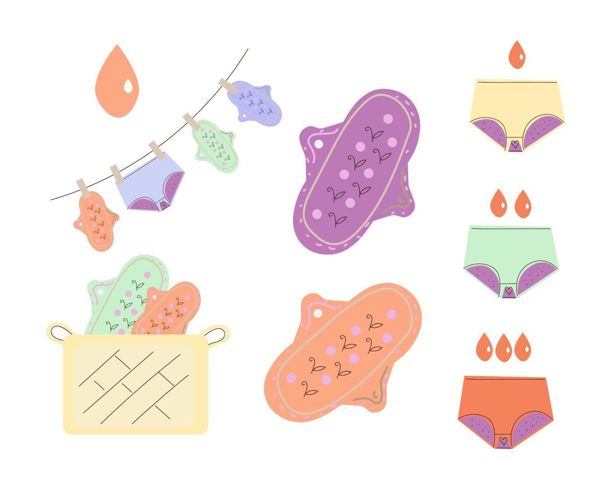 Feminine hygiene. Menstrual pants, reusable clothpads and cup is hygiene items for protection woman during menstrual cycle, zero waste, cartoon vector illustration.