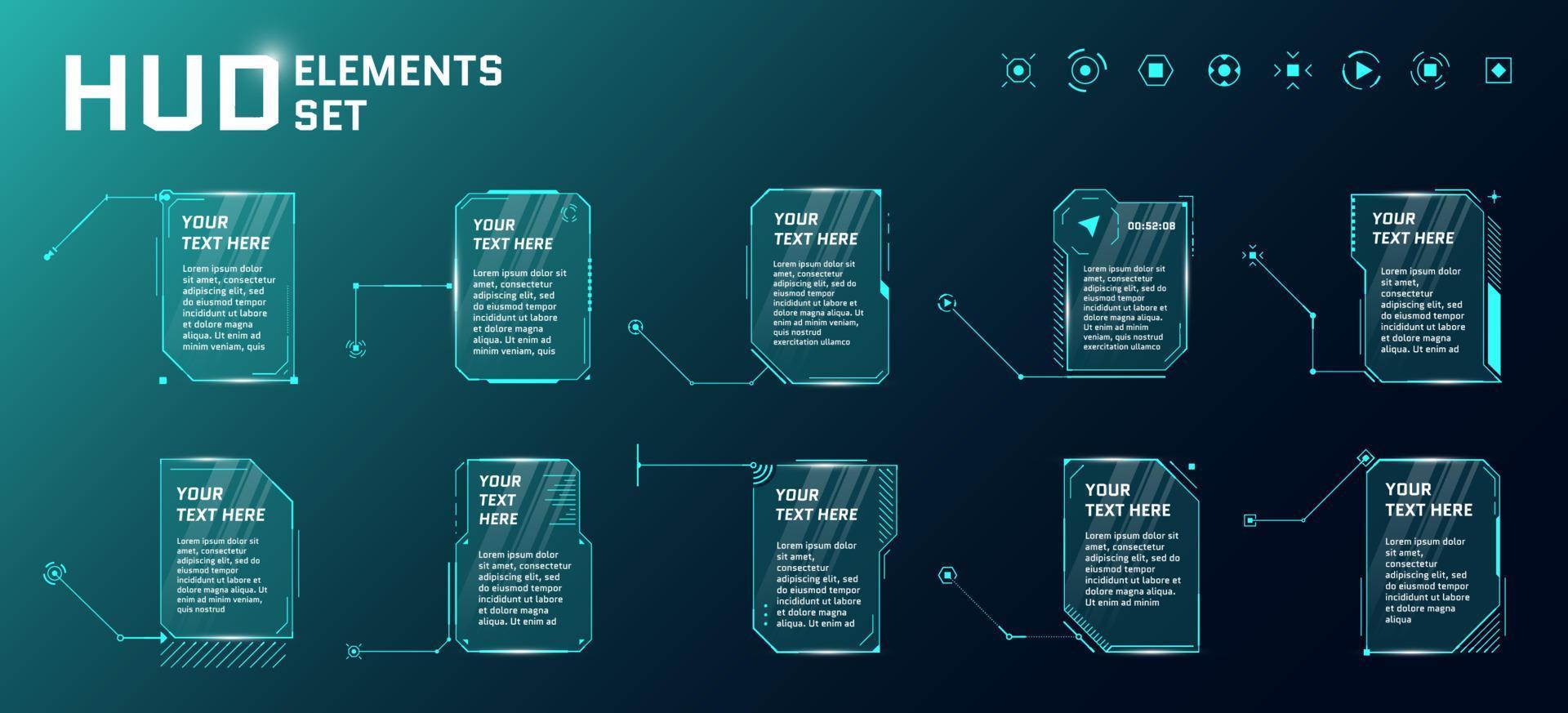 HUD futuristic style callout titles on blue background. Infographic call arrow box bars and modern digital info vertical frame layout templates. Interface FUI and GUI element set. Vector illustration