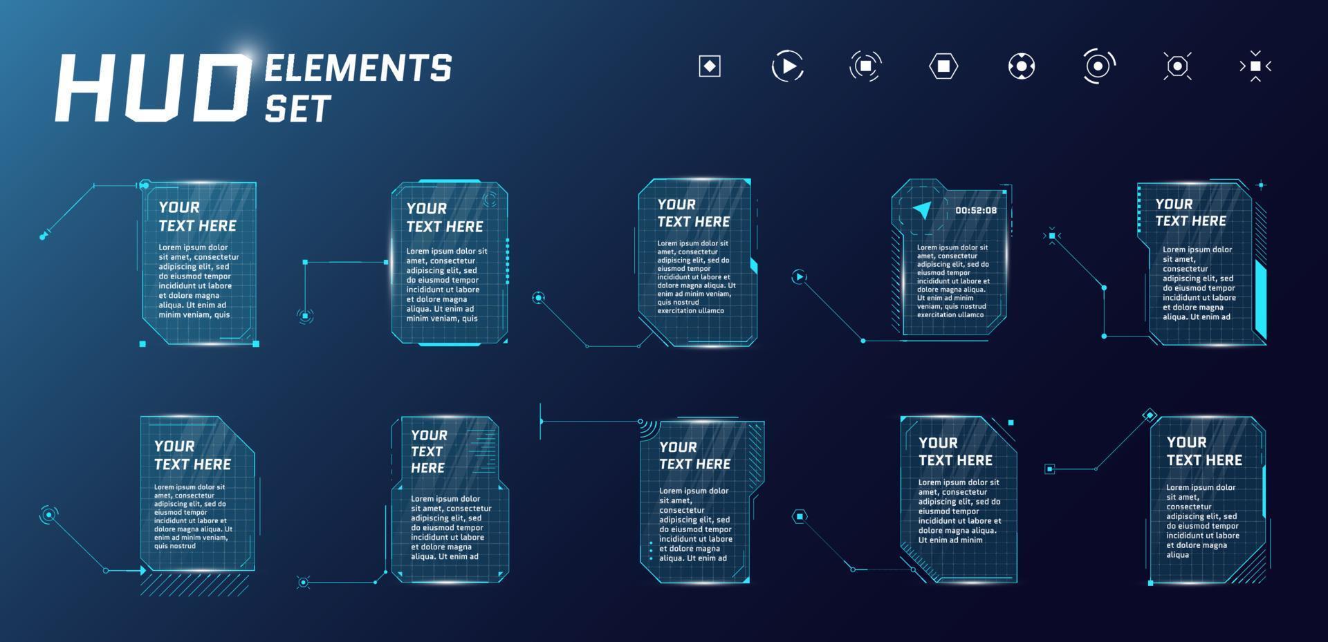 títulos de llamada de estilo futurista hud sobre fondo azul. Barras de cuadro de flecha de llamada infográfica y plantillas de diseño de marco vertical de información digital moderna. conjunto de elementos fui y gui de interfaz de alta tecnología. pasos vectoriales vector