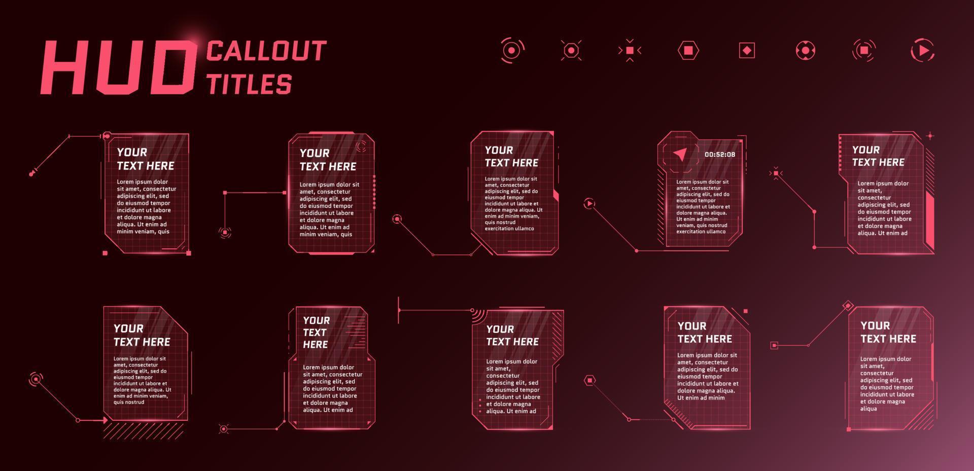 HUD futuristic style callout titles on red background. Infographic call arrow box bars and modern digital info vertical frame layout templates. Hi-tech interface FUI and GUI element set. Vector eps