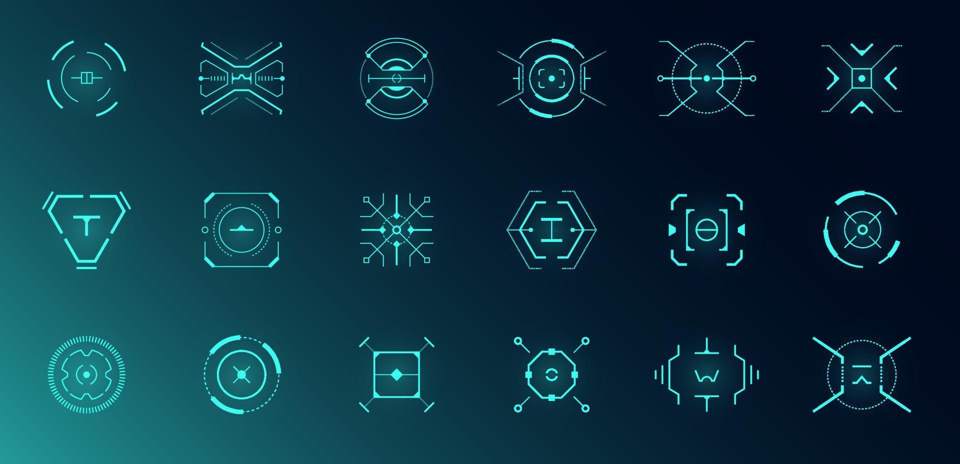 HUD aim control target system set. GUI and FUI interface. Futuristic military optical aiming collection. GUI digital radar elements. Collimator focus range sights. Digital dashboard vector crosshairs