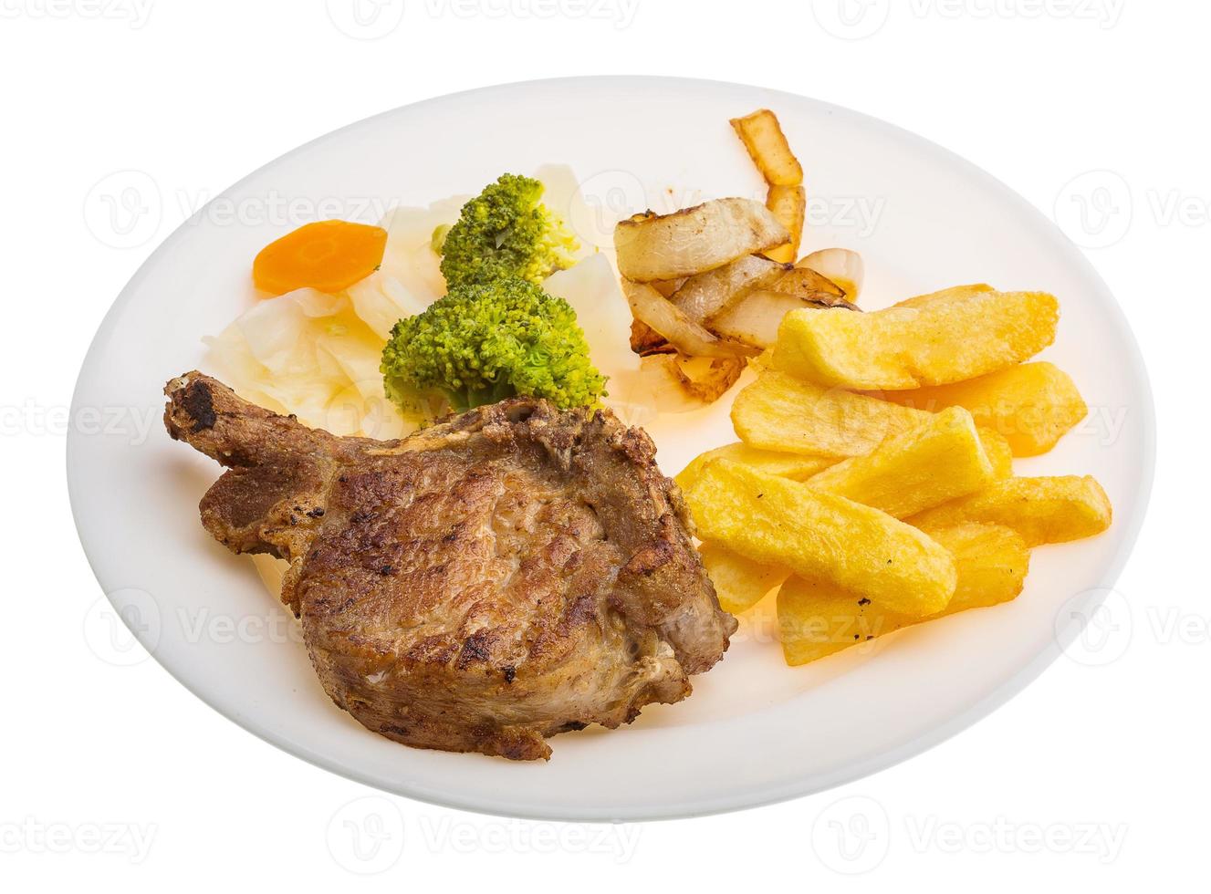 T-bone steak on the plate and white background photo
