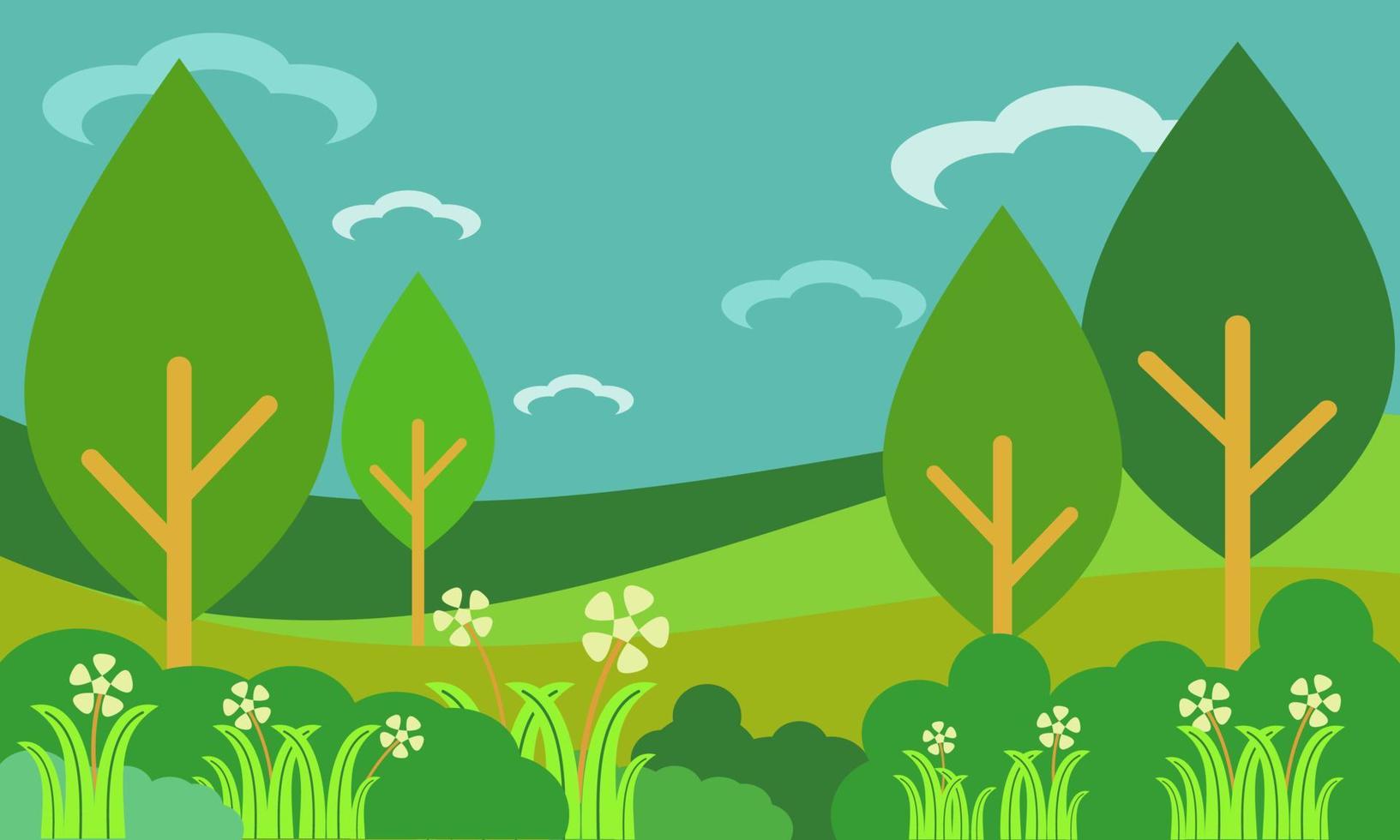 ilustración vectorial del fondo de la naturaleza con plantas, colinas y cielo. bueno para todo lo relacionado con la naturaleza, el medio ambiente, el día de la tierra, la vegetación vector