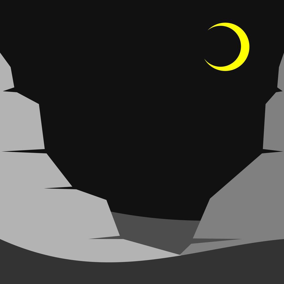 vector illustration of nature background hill with crescent moon in black grey color . Suitable for something related to nature, hill, night