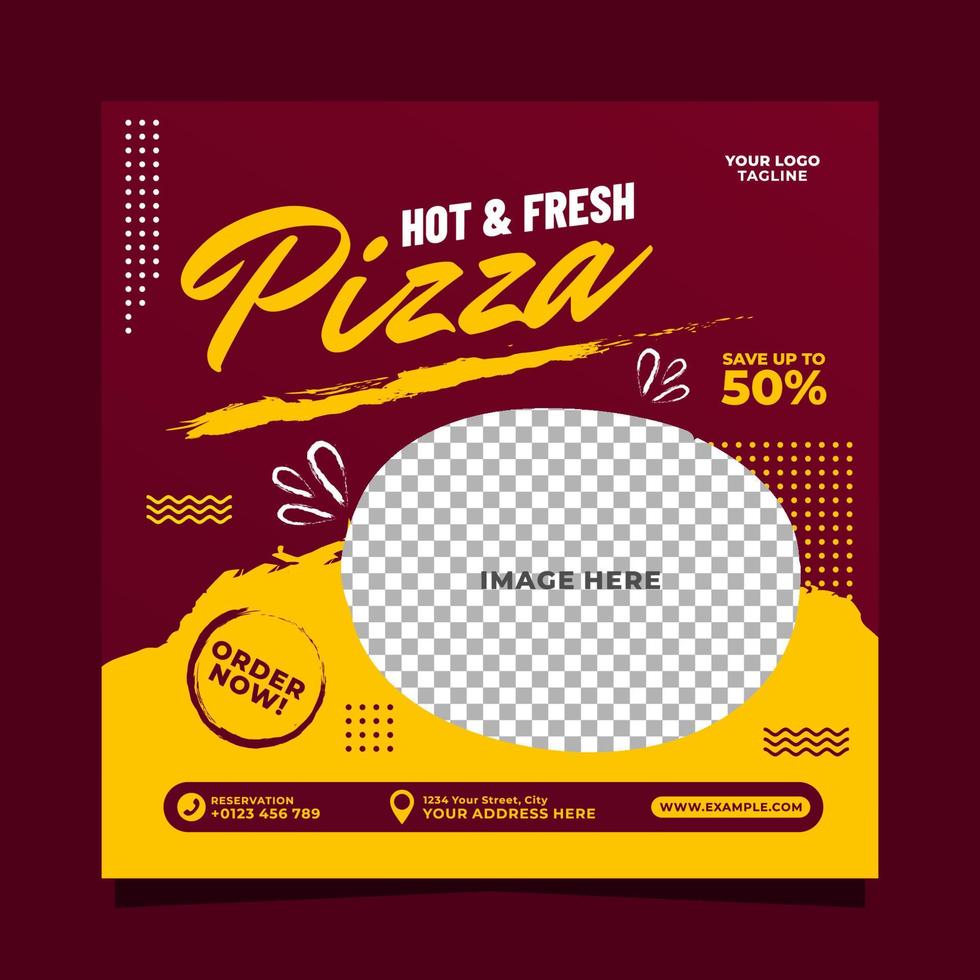 plantilla cuadrada de banner de publicación de redes sociales de promoción de pizza caliente y fresca vector