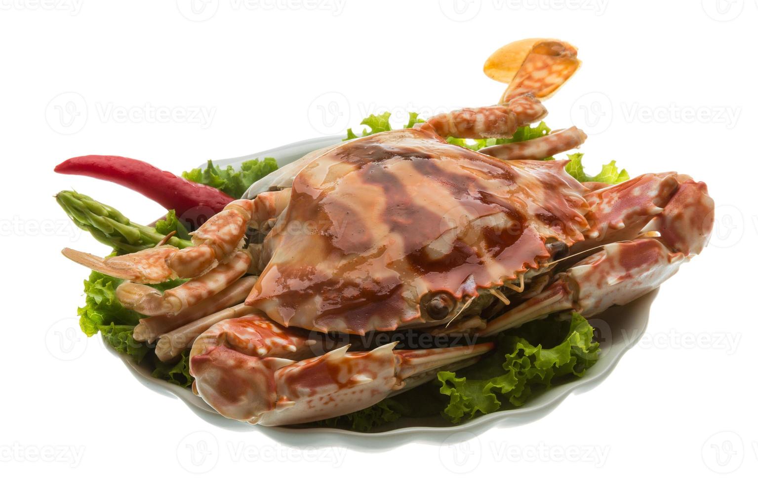 cangrejo rojo en el plato y fondo blanco foto
