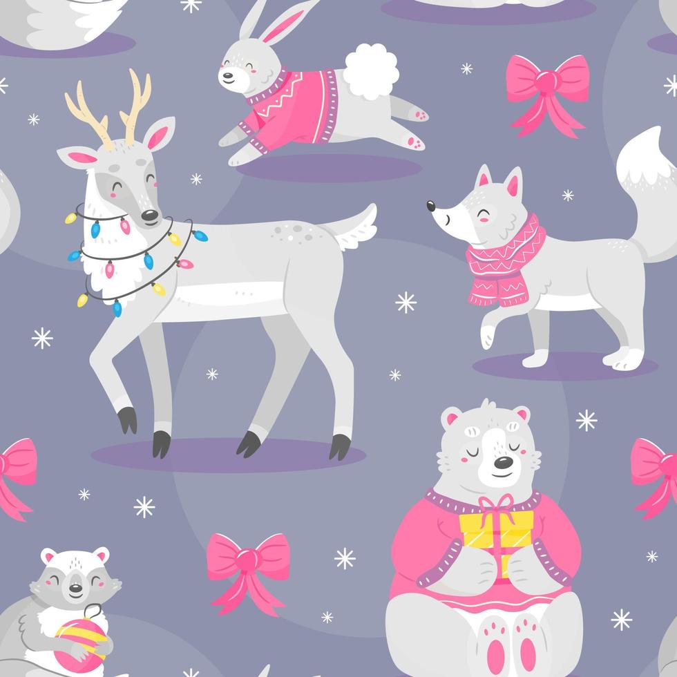 patrón impecable con lindos animales navideños al estilo de dibujos animados en colores blanco y rosa. fondo de ilustración vectorial. vector