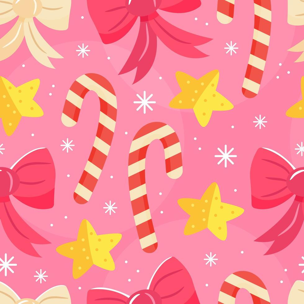 Seamless pink pattern with Christmas bows, lollipops and stars in cartoon style. Vector illustration background.