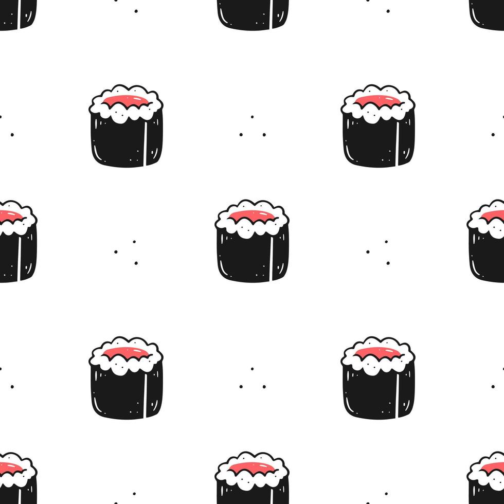 Seamless pattern with sushi rolls on a white background. Japanese food. Vector illustration background.