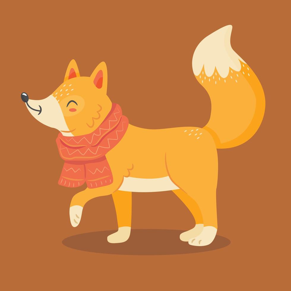 Cute fox with scarf in cartoon style. New Year and Christmas animal character. Vector isolated illustration.