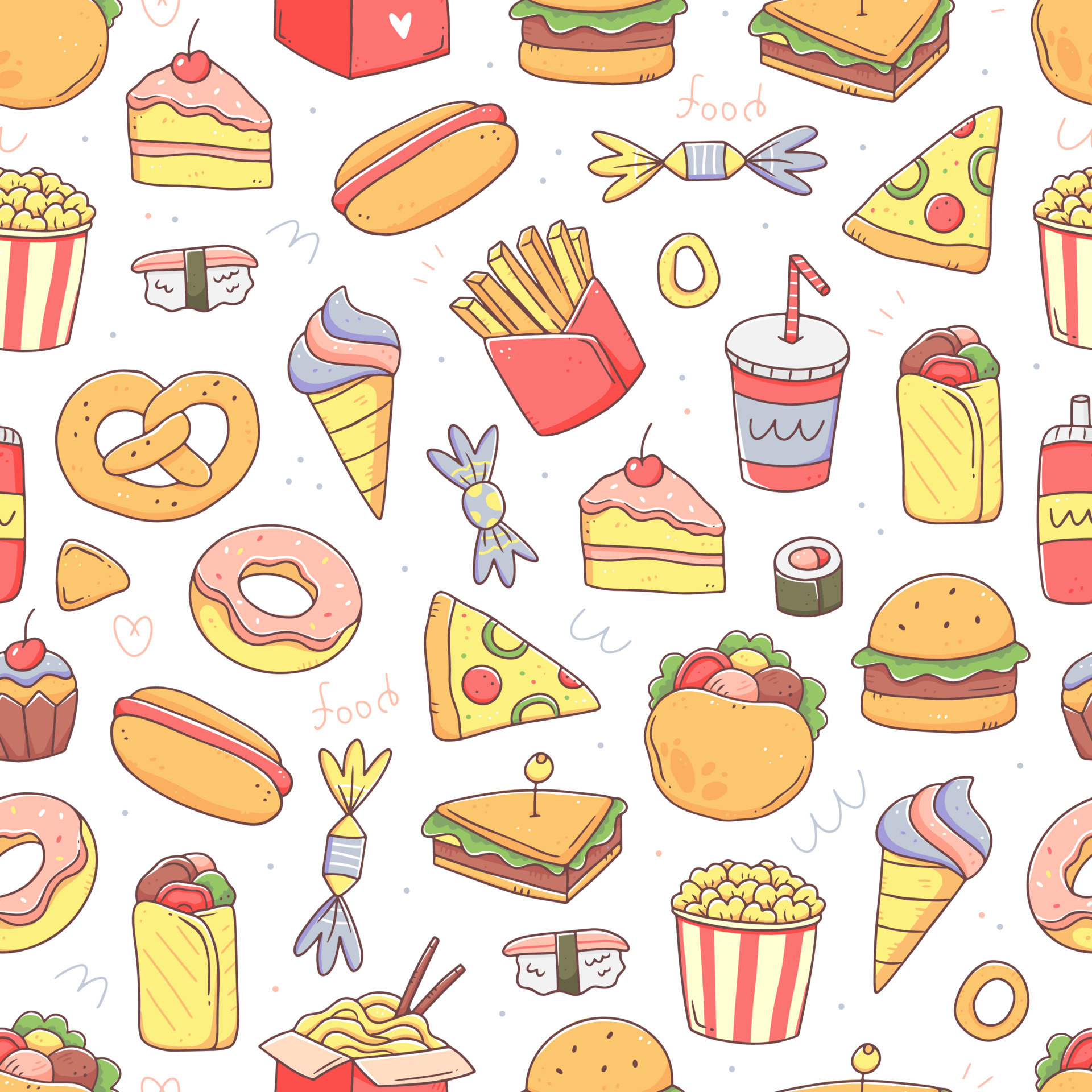 Seamless pattern with fast food in cute kawaii doodle style. Vector junk  food illustration background. 10909445 Vector Art at Vecteezy