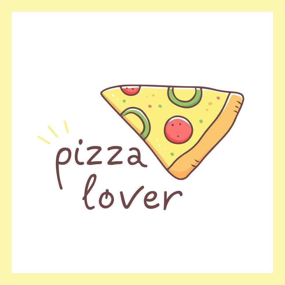 Cute pizza in the style of a doodle with the text pizza lover. Fast food poster. Vector food illustration.