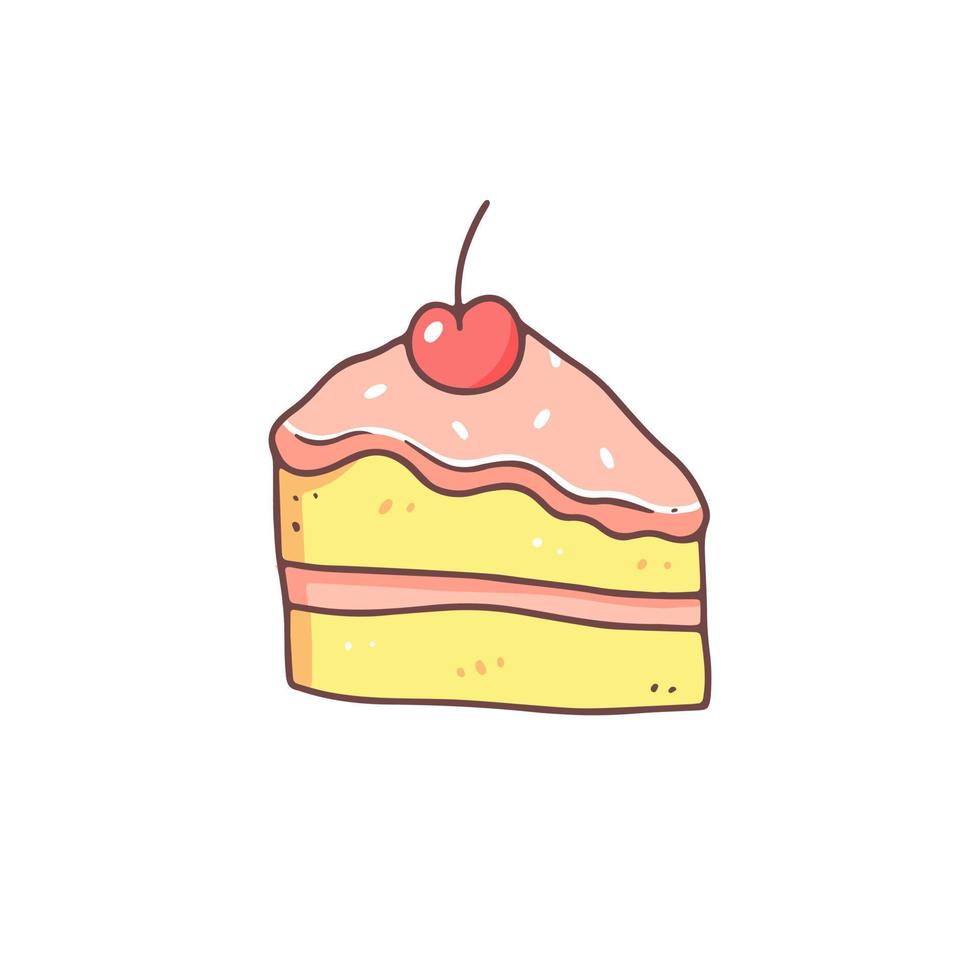A piece of cherry cake in cartoon doodle style. Vector isolated food illustration on the background.