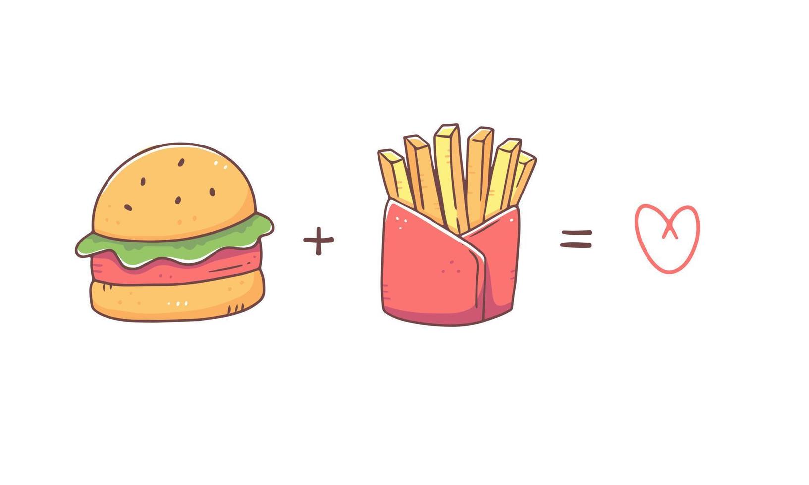 Hamburguesa más patatas fritas es igual a amor. cartel de comida rápida. ilustración vectorial de alimentos. vector