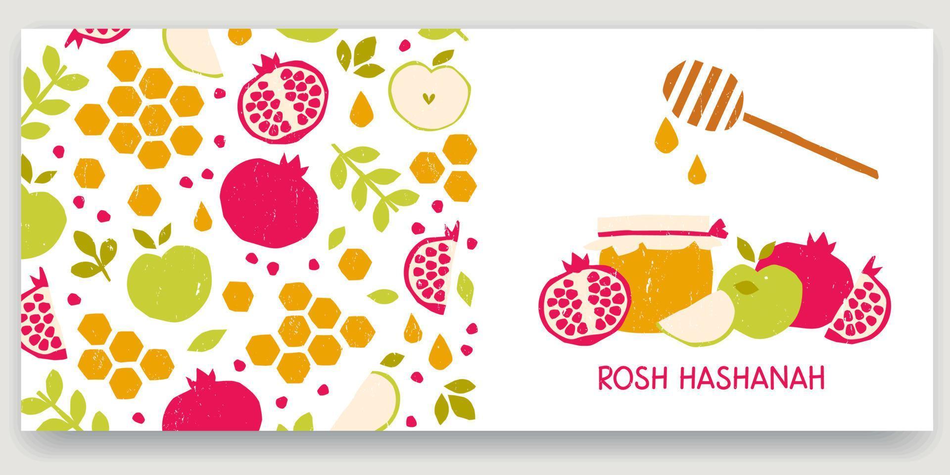 Rosh Hashanah banner with apples and pomegranates with honey. Traditional symbols of the Jewish New Year vector