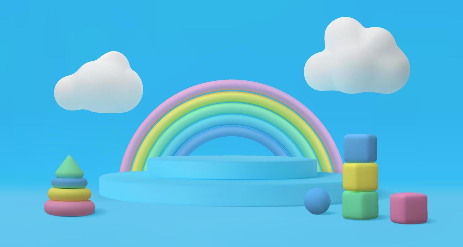 Cute kids background with rainbow and toys. Vector illustration with a podium in 3D style.