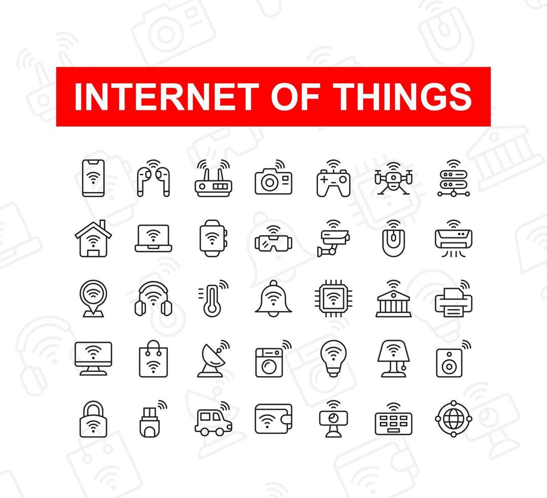 conjunto de iconos vectoriales de internet de las cosas. contiene íconos como casa inteligente, teléfono inteligente, red y más. adecuado para el diseño del sitio web, la plantilla y la interfaz de usuario. vector