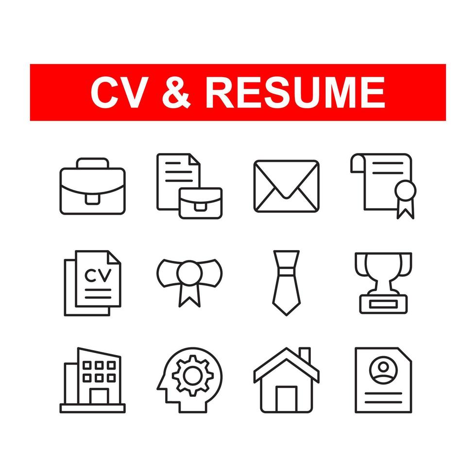 Cv and resume icon set. Contains such Icons as job, company, skill and more. Line style design. Vector graphic illustration. Suitable for website design, app, template, ui.