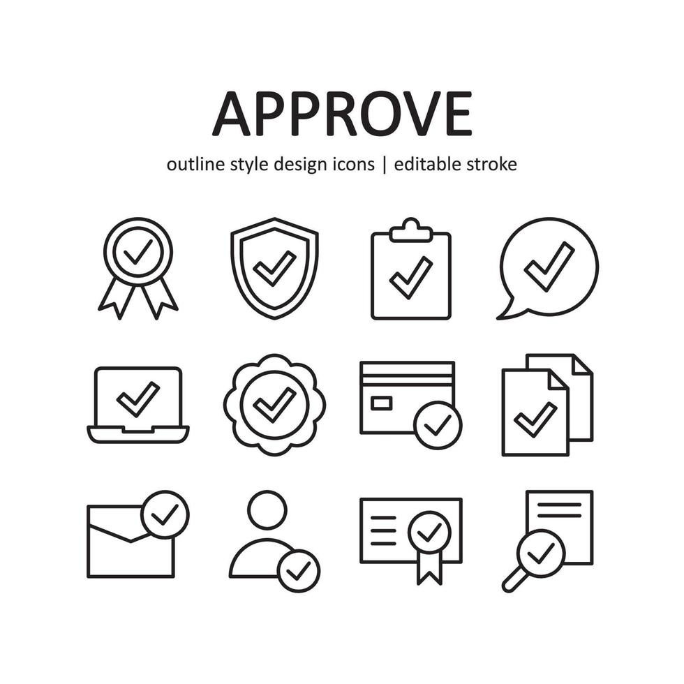 Approve icon set. Contains such Icons as guarantee, quality check, and more. Line style design. Vector graphic illustration. Suitable for website design, app, template, ui.