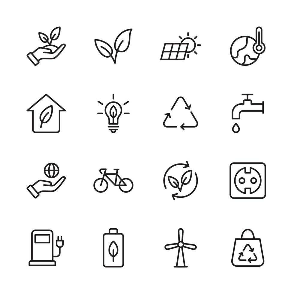 Set of ecology vector thin icons. Contains such Icons as environment, renewable energies, go green or eco friendly. Suitable for website design, template, and ui. Line style design. Editable stroke.
