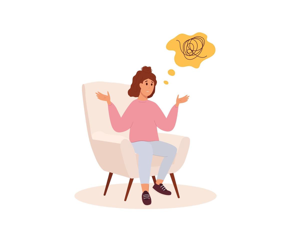 A woman sits in a chair with confused thoughts. The concept of therapy or coaching. Vector illustration