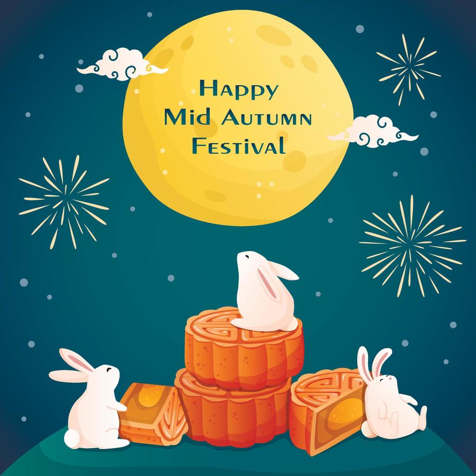 Happy Mid Autumn festival illustration banner. Cute rabbits enjoying tasty moon cakes and watching the moon scenery at night. vector