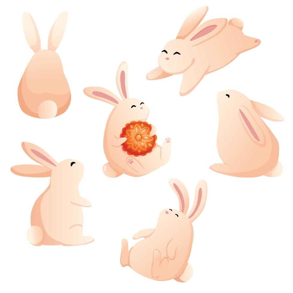 Set of cute moon rabbits. Asian autumn festival. Happy Mid Autumn festival illustration banner. vector