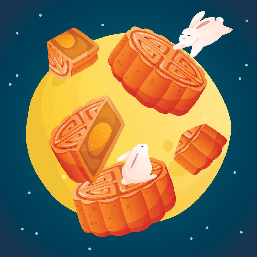 festival de otoño asiático. feliz cartel de ilustración del festival de mediados de otoño. lindos conejos disfrutando de deliciosos pasteles de luna y viendo el paisaje lunar por la noche. vector