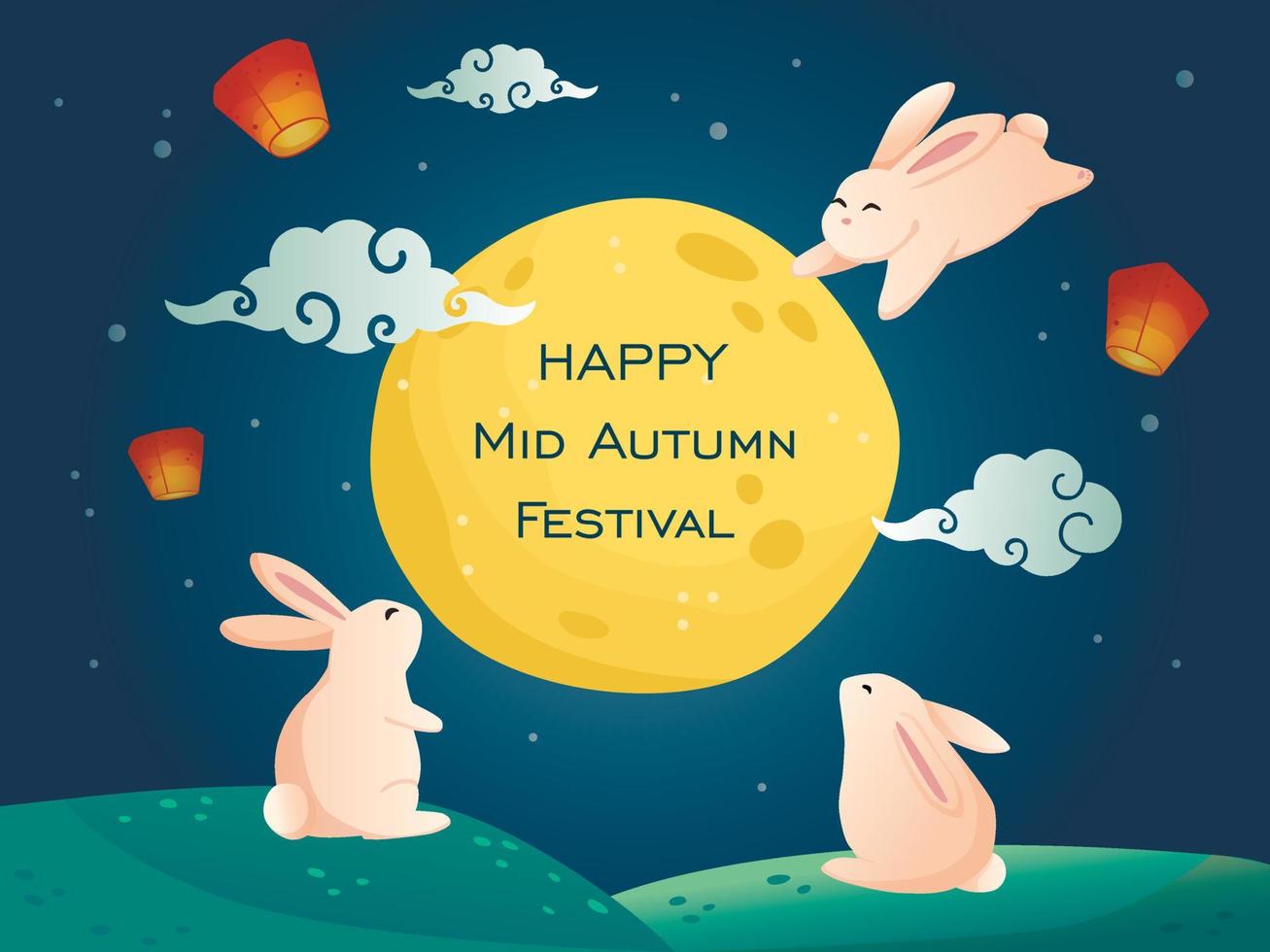 festival de otoño asiático. feliz cartel de ilustración del festival de mediados de otoño. lindos conejos viendo el paisaje lunar por la noche. vector