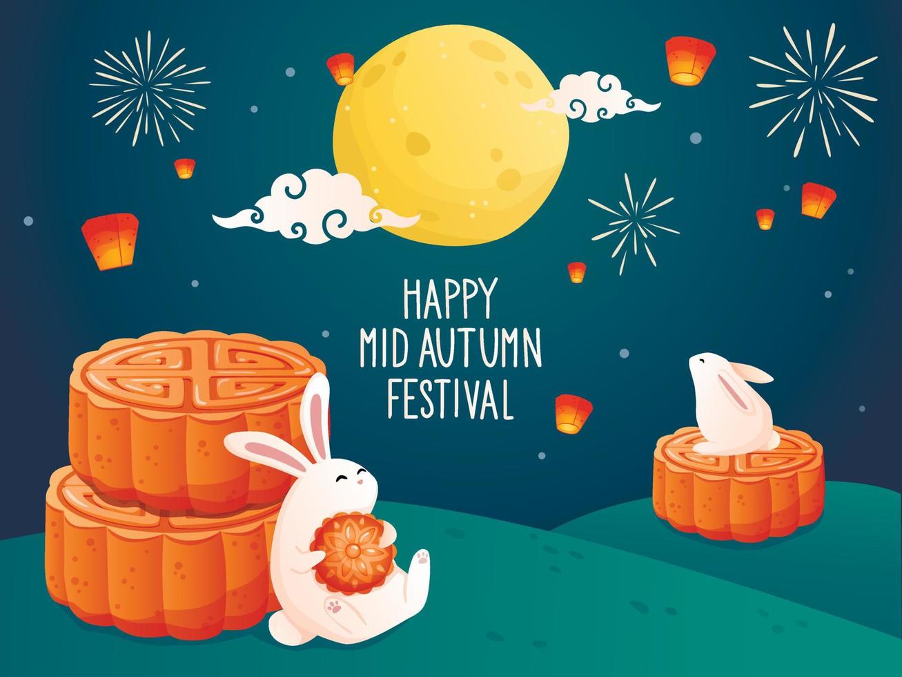 Asian autumn festival. Happy Mid Autumn festival illustration banner. Cute rabbits enjoying tasty moon cakes and watching the moon scenery at night. vector