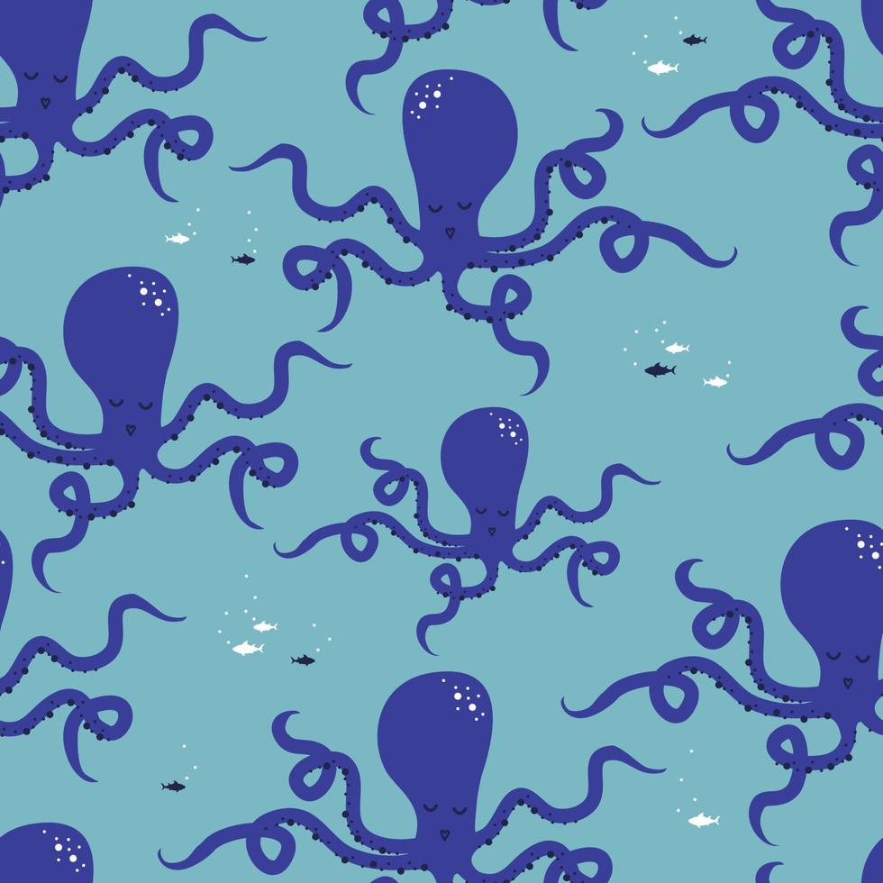 seamless pattern cute octopus with little fish background vector