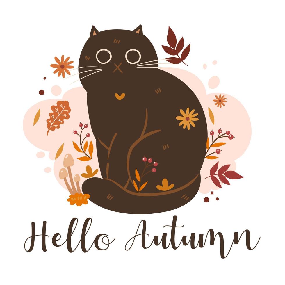 Autumn cat illustration and the inscription Hello Autumn. Vector graphics