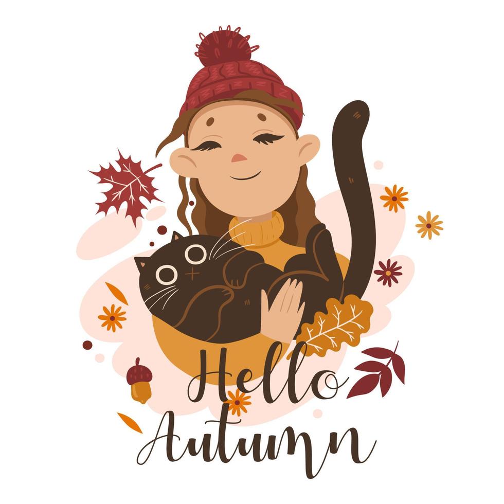 Girl holding a cat in her arms and the inscription Hello Autumn. Vector graphics