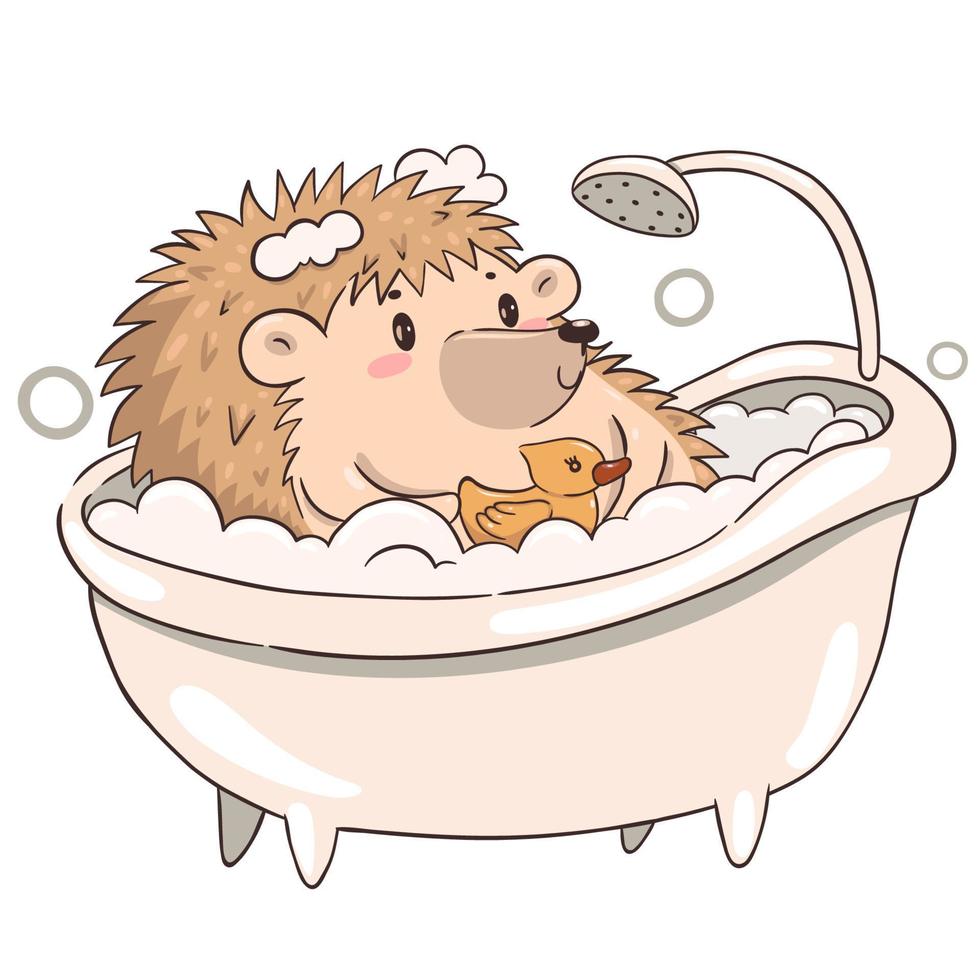 Hedgehog takes a bath isolate on a white background. Cute kawaii hedgehog. Vector graphics