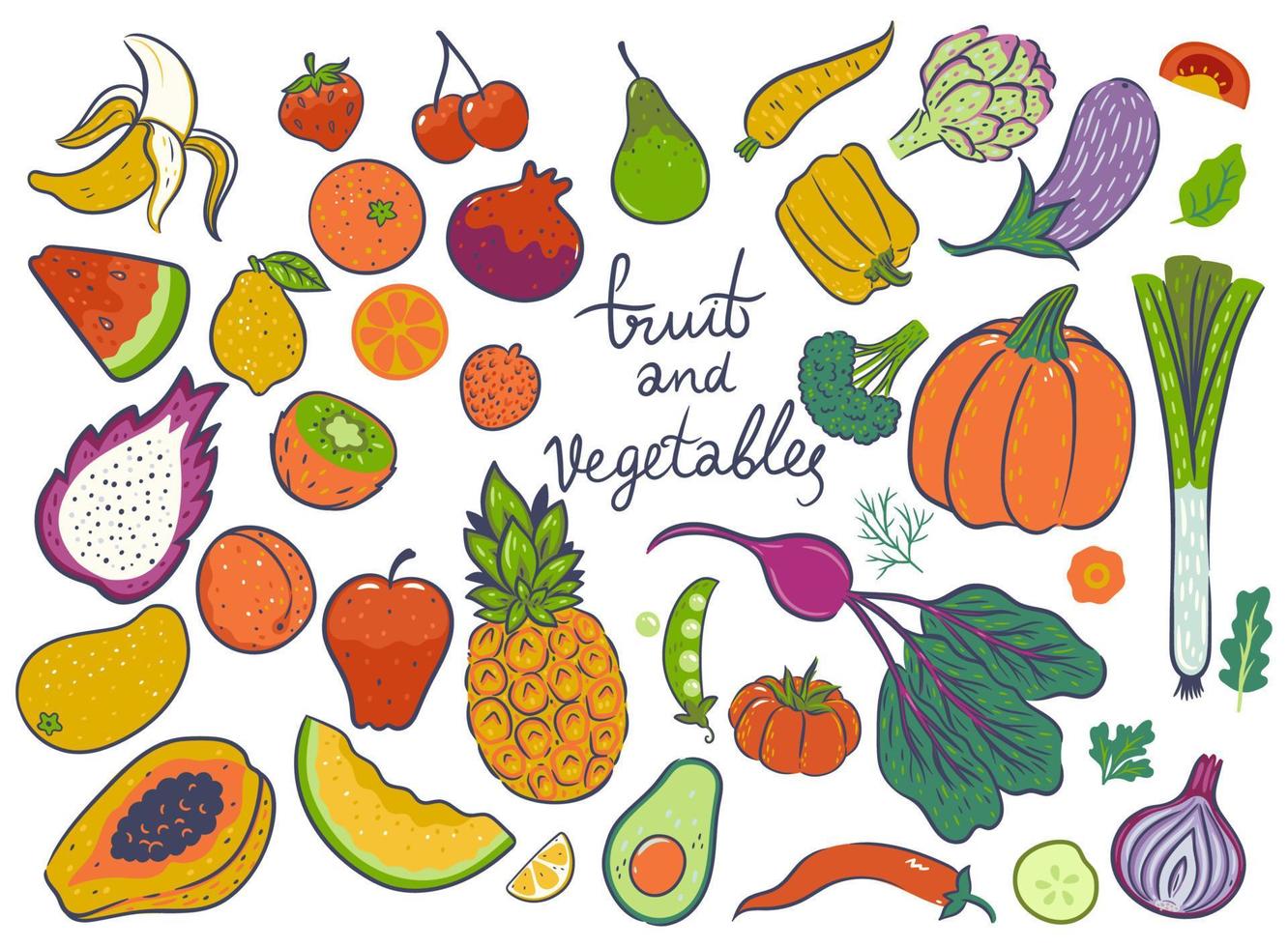 Set of fruits and vegetables isolated on white background. Vector graphics.