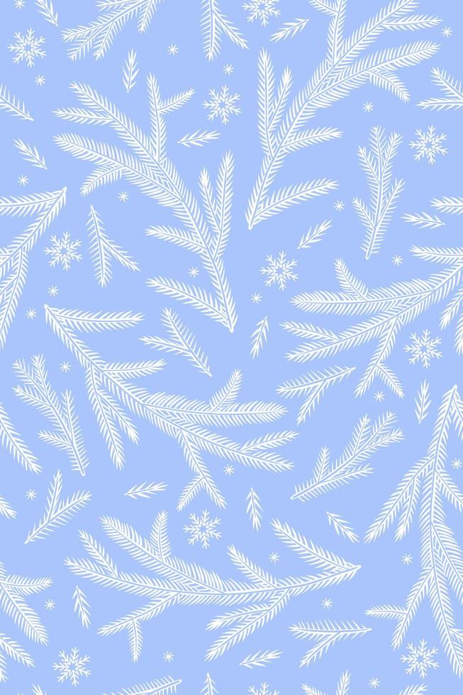 Seamless pattern with winter spruce branches and snowflakes. Vector graphics.