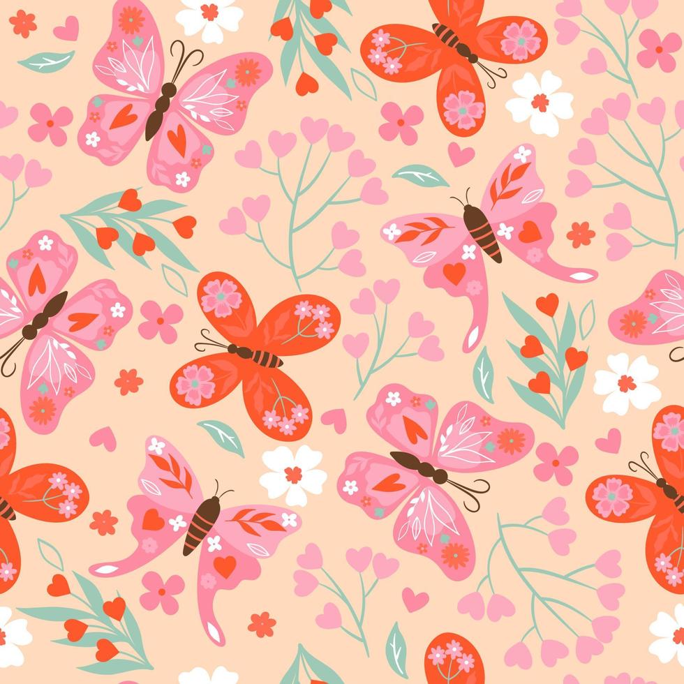 Seamless pattern with valentine's day vibe with butterflies. Vector graphics