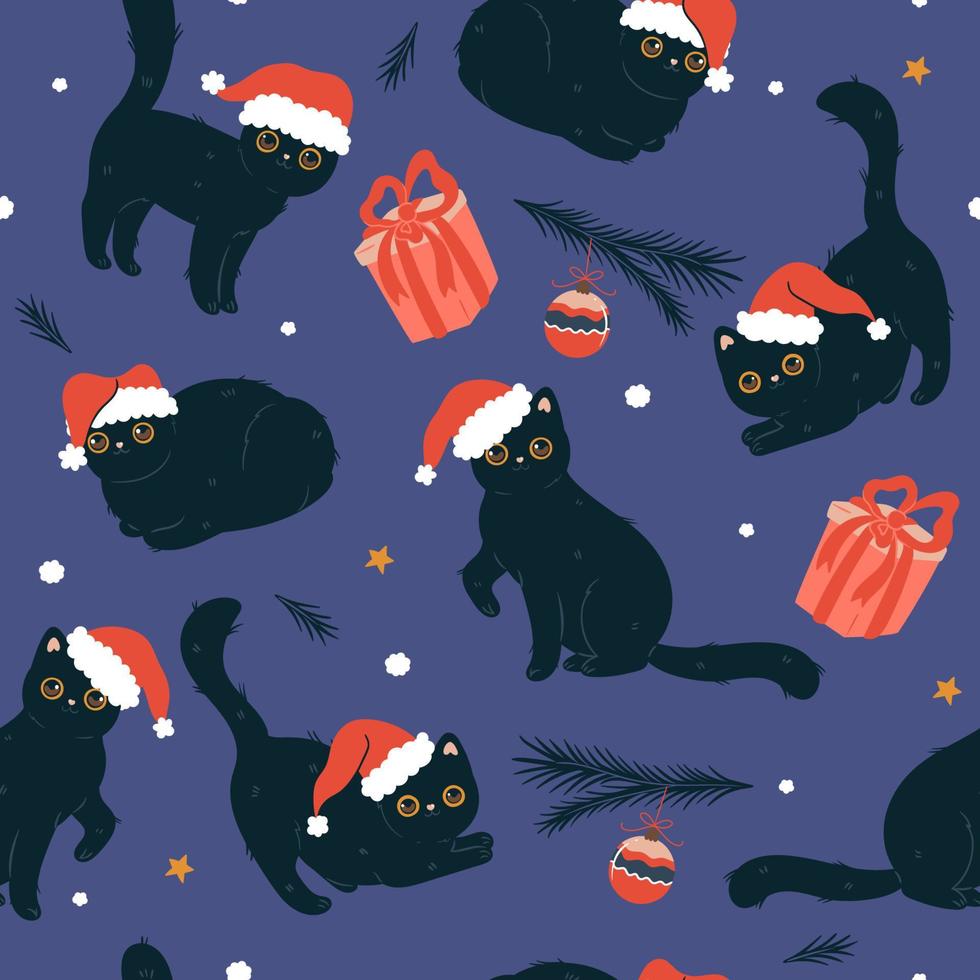 Seamless pattern with black cute cats in santa hats. Vector graphics.