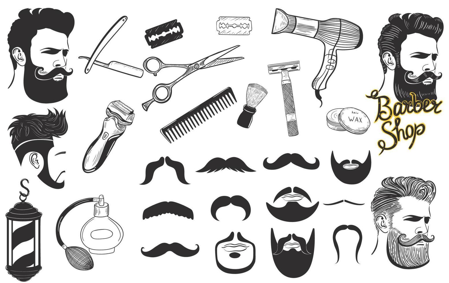 Set of signs and icons for barbershop isolated on a white background. Vector graphics