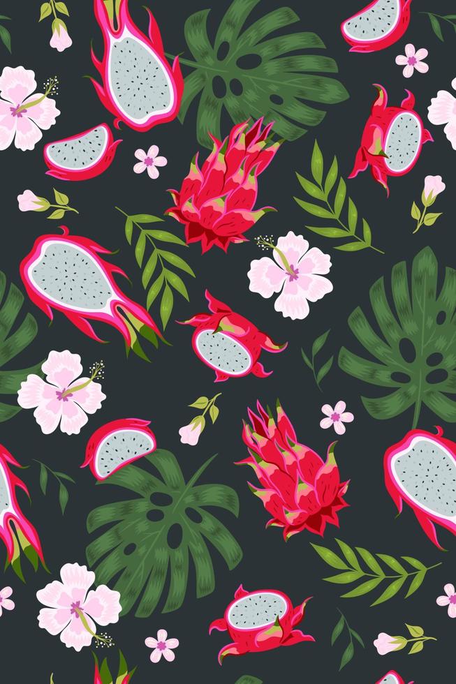 Tropical seamless pattern with pitaya, leaves and flowers. Vector graphics.