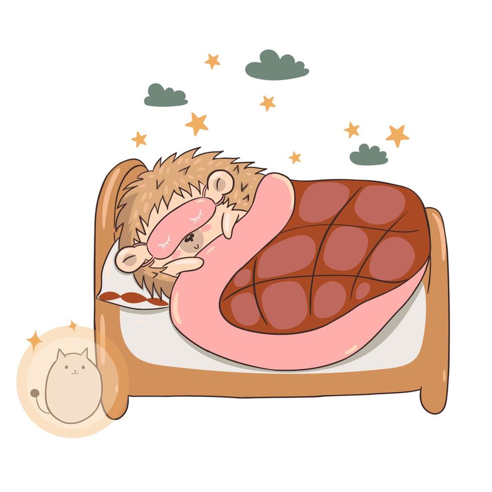 Hedgehog sleeping in bed isolate on a white background. Vector graphics.