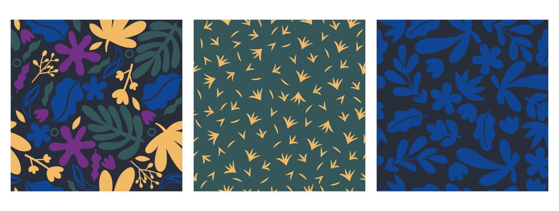 A set of seamless patterns with simple abstract floral shapes. Vector graphics.