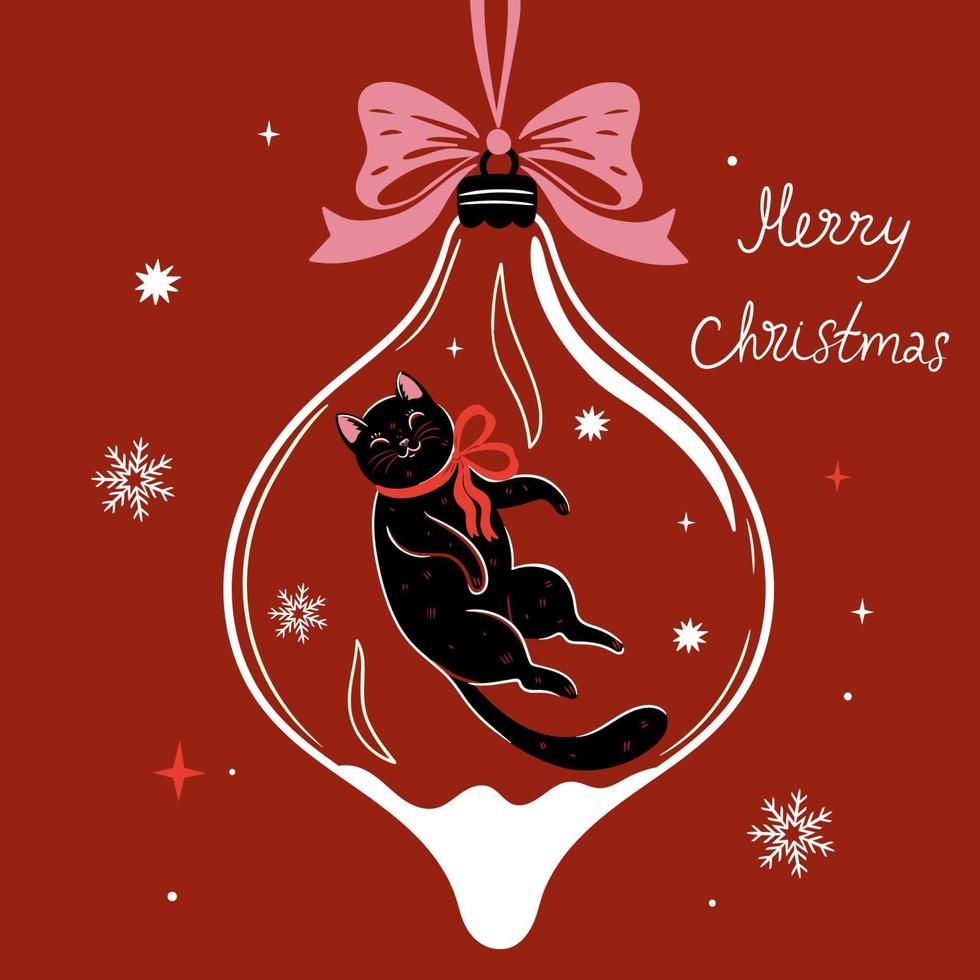 Christmas card with a Christmas ball with a black cat. Vector graphics.