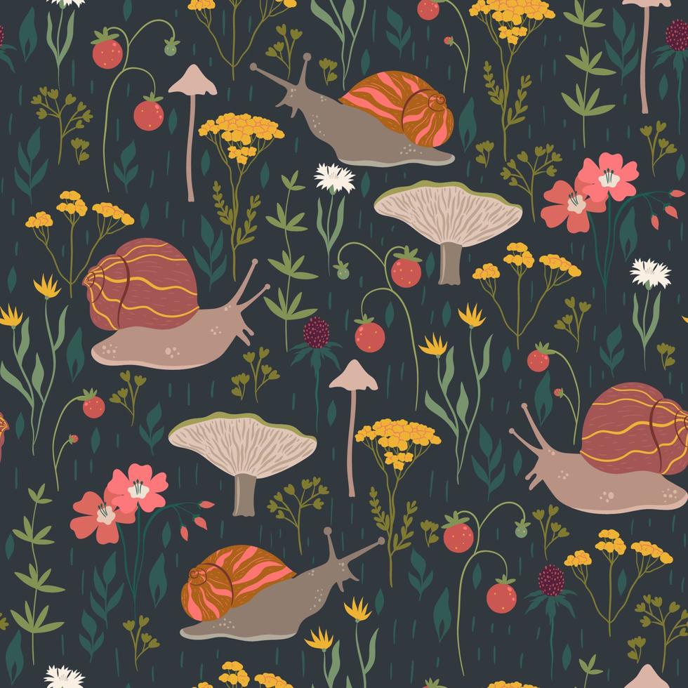 Seamless pattern with forest plants and snails. Vector graphics.