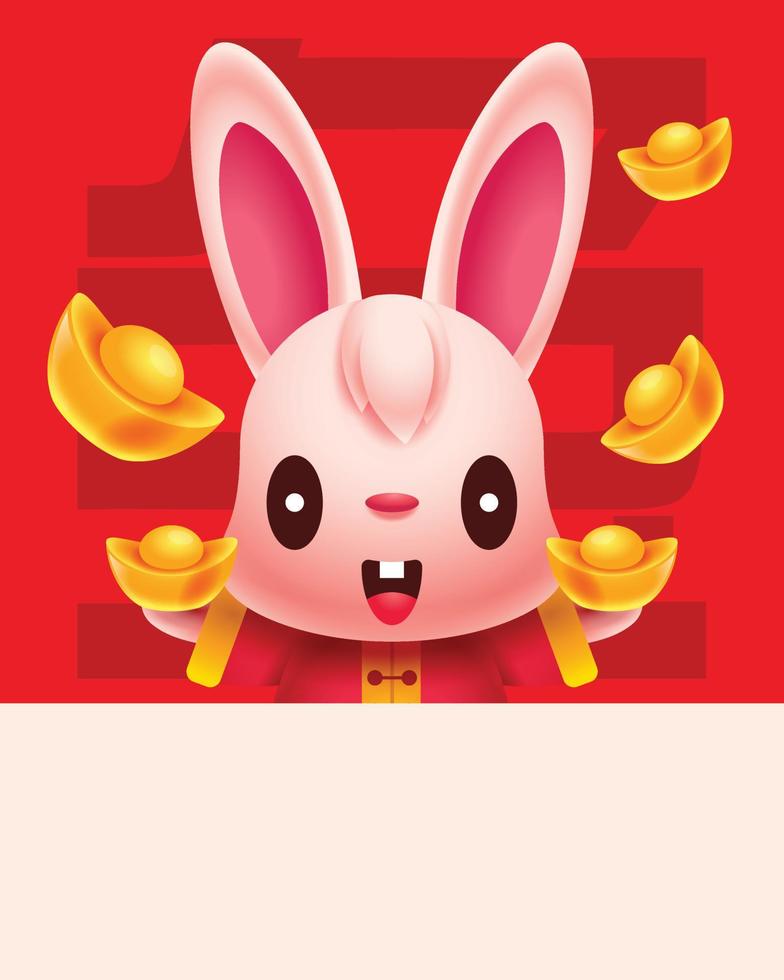 Happy chinese new year 2023. Cute rabbit bunny holding gold ingots with big empty greeting sign board. Flying Gold ingots. Year of the rabbit vector