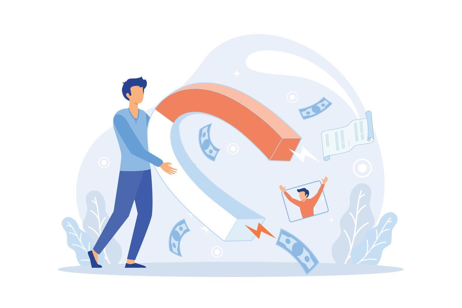 Vector ultraviolet illustration of attracting online customers. Big magnet and people with laptop around. Customer retention strategy, digital inbound marketing, customer attraction gradient banner.